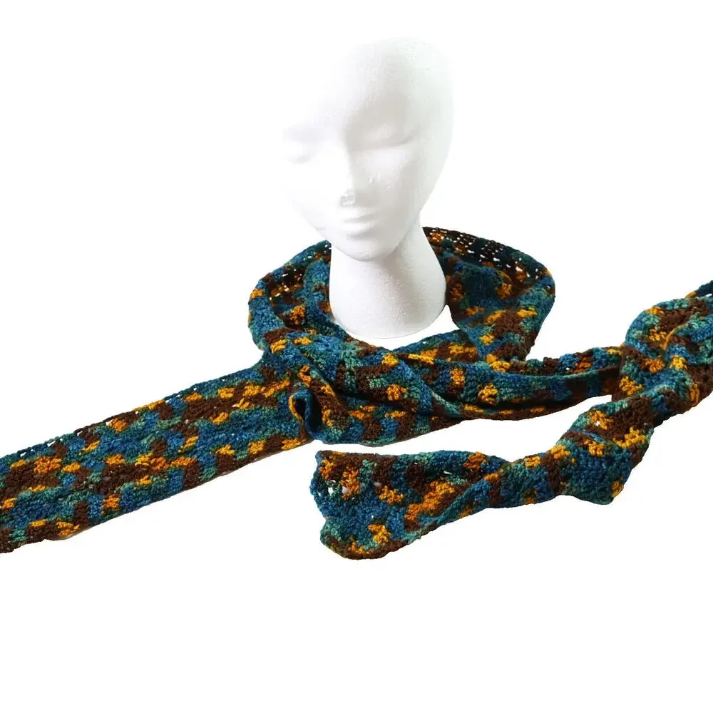 Crocheted Long Skinny Scarf Multicolor‎ Brown Blue Gold Y2K Boho Speckled Artsy
